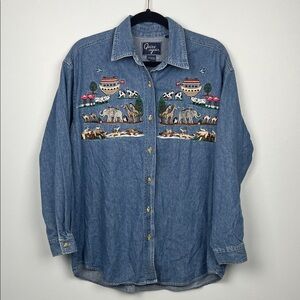 Vintage Noah’s ark Embroidered women’s  Denim Button-Up Shirt size large